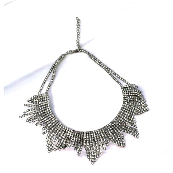 Pave Crystal Cuff Chandelier Necklace Silver & Rhinestones 12.5"L + 3" - Picture 5 of 5